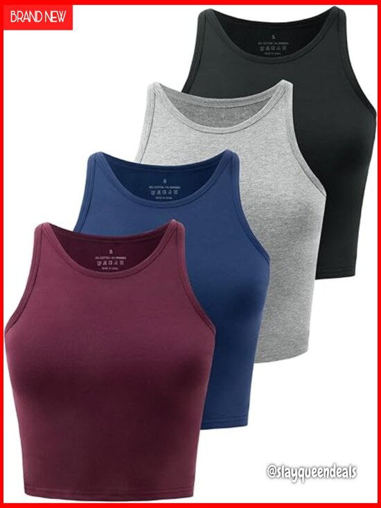 Tops - Workout Crop Tops 4 Pack High Neck Racerback Tank Athletic Fit